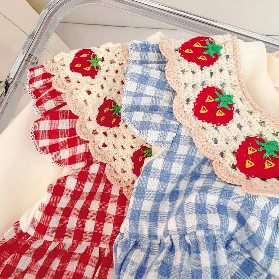Autumn New Cute Strawberry Collar Baby Girl Dress, Plaid Long Sleeved Children'S Clothing For Babies Aged 6 Months To 3 Years