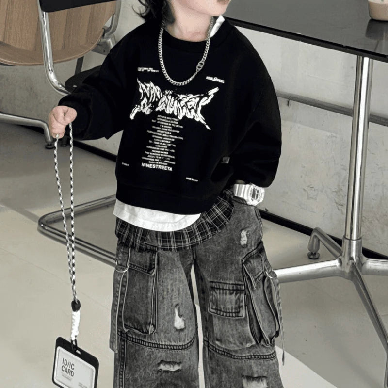 Boys' 2025 Spring New Fake Two-Piece Color-Blocked Korean Style Dashing Stylish T-Shirt