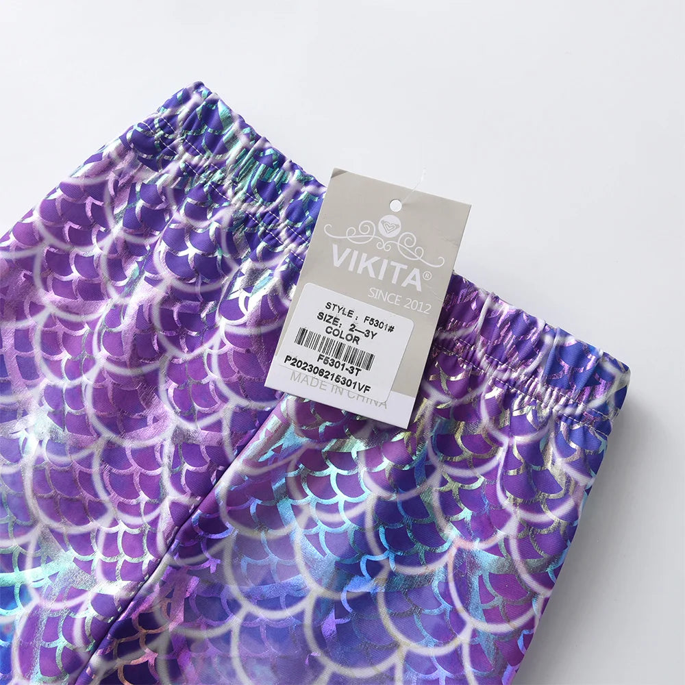 VIKITA Kids Mermaid Print Leggings Girls Performance Birthday Party Princess Trousers Kids Skinny Pencil Pants Kids Clothes 3-12