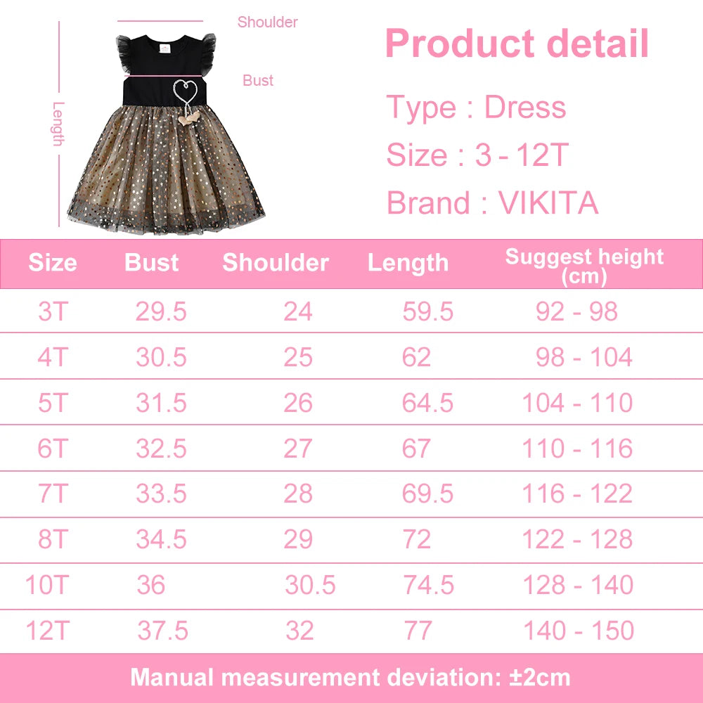 VIKITA Girls Prom Gown Birthday Party Performance Festival Elegant Sequins Princess Dresses Kids Flare Sleeve Mesh Tulle Dress