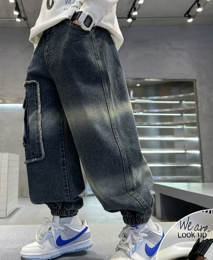2025 Boys' Cargo Pants All-Season Washed Tie-Dye Denim Long Pants Trendy Casual Style
