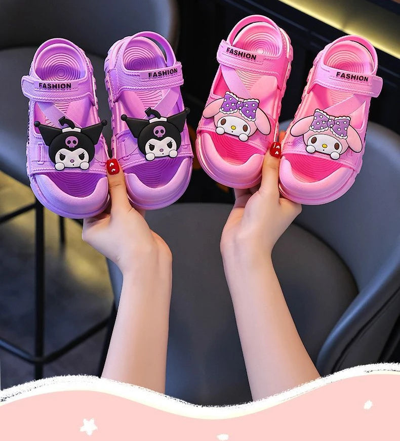 Sandals Girls Anime Kuromi Open Peep Toe Shoes Girly Summer Cute Cartoon Babys Purple Pink Slipper Kid Size 21-36