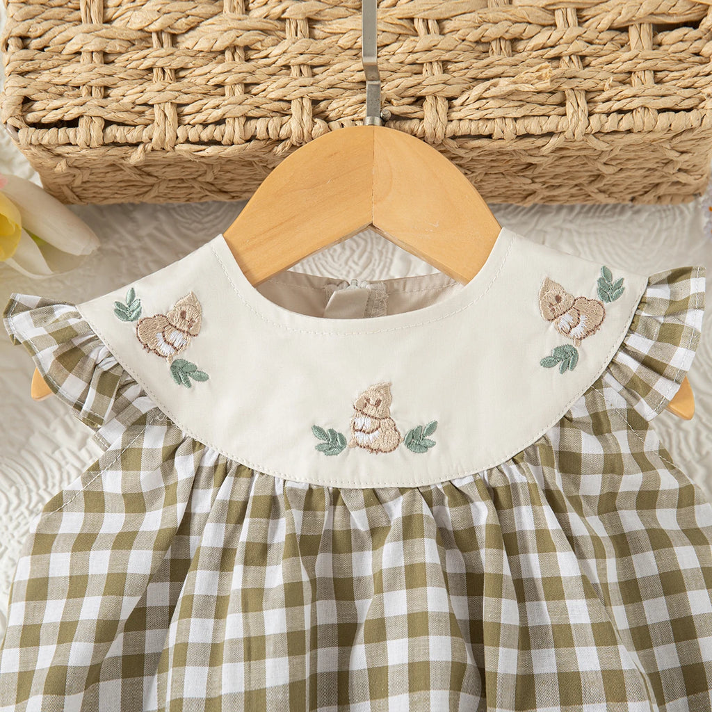 Summer New Cute Squirrel Embroidered Baby Girl Dress, Casual Style Checkered Small Flying Sleeve Children'S Clothing (0-4 Years)
