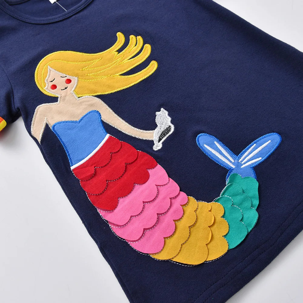 Toddlers Short Sleeve Colorful Mermaid Appliqued T Shirt Kids 100% Cotton Casual T Shirts Girls Beach Vacation Summer Tops Wear