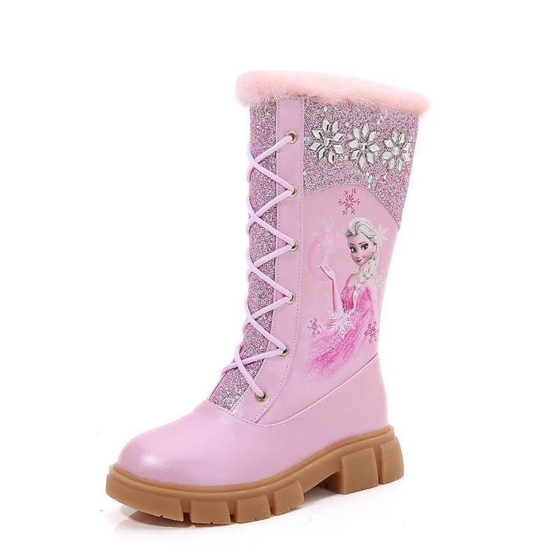 Disney Girls' Princess Elsa Frozen Boots Children's Long Sleeve Boots Women's Cotton Winter Plush Thickened High Sleeve Boots
