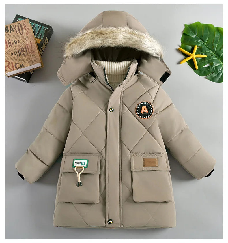 New Winter Boys Jacket Long Style Letter Print Thick Warm Hooded Coat Fur Collar Down Cotton Outerwear For 4-10 Years Kids