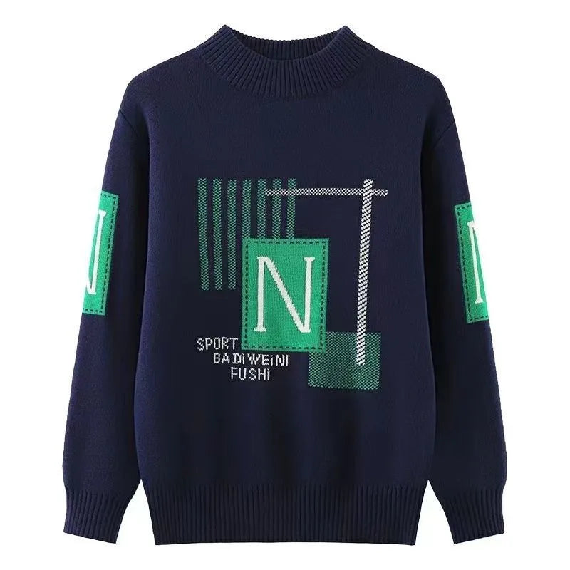 Autumn Winter Boys' Fleece-Lined Thickened Knitwear Pullover Sweater Base Layer for Boys Medium-Large Size Fashionable Knitwear