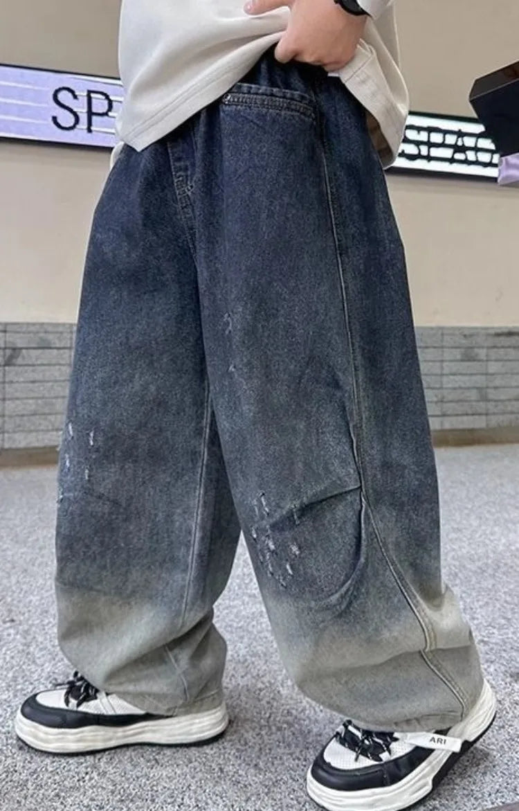 2025 New Boys' Gradient Denim Jeans Straight Leg Loose Fit Wide Pants for Kids Spring/Fall Casual Wear, Trendy & Stylish