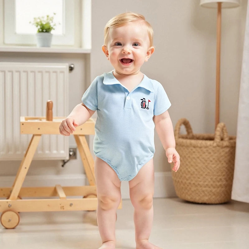 Infant Boy Jumpsuit Stylish Short Sleeve Striped Romper with Turn-down Collar and Embroidery Detail for Everyday Wear