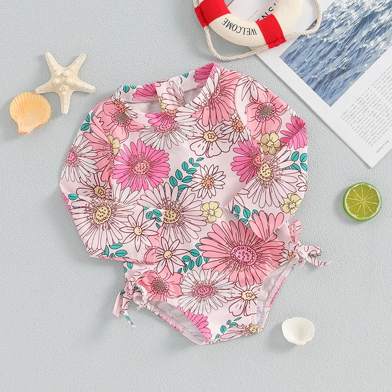 Infant Girls  Rash Guard Swimsuit with Long Sleeves and Cute Floral Print Baby Beachwear Tie-Up Bathing Suit