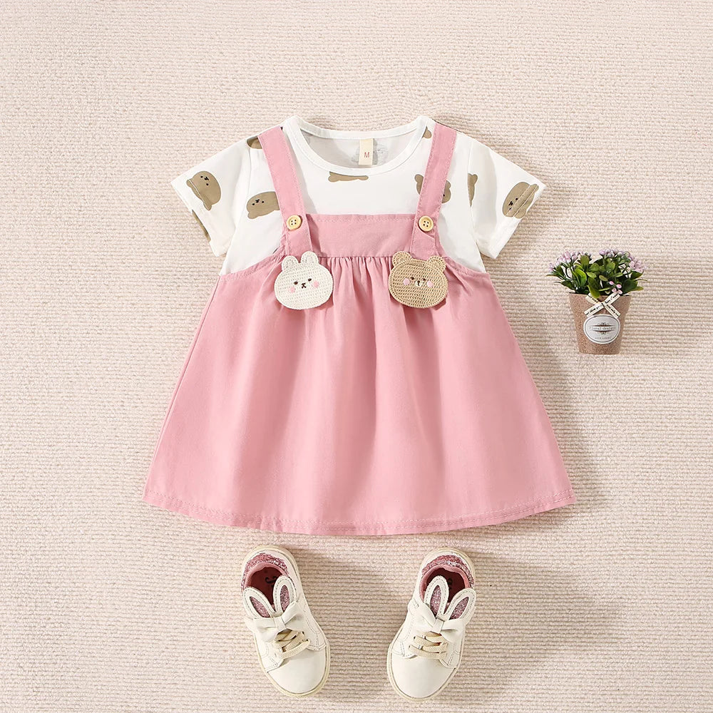 (6-24 Months) Summer New Small Bear Short Sleeved Baby Girl Dress, Fake Two Children'S Clothes