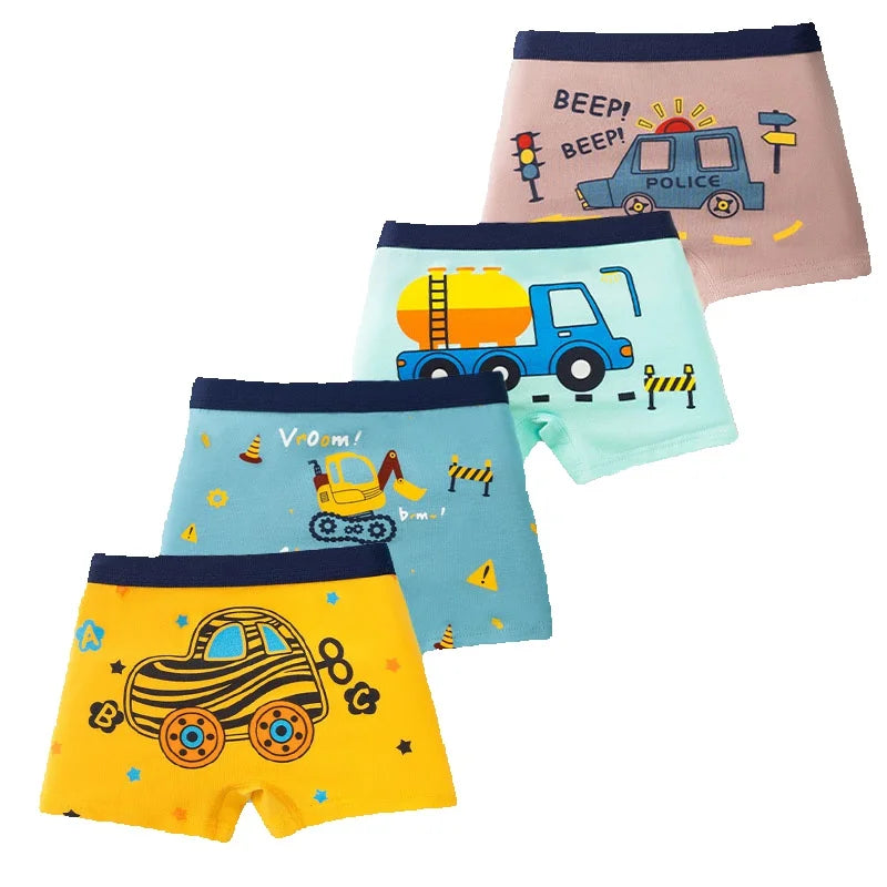 4/8Pcs High Quality Cotton Boy Boxer Brief Cool Excavator Pattern Kids Boxers Breathable Children Underwear Soft Bottom Panty