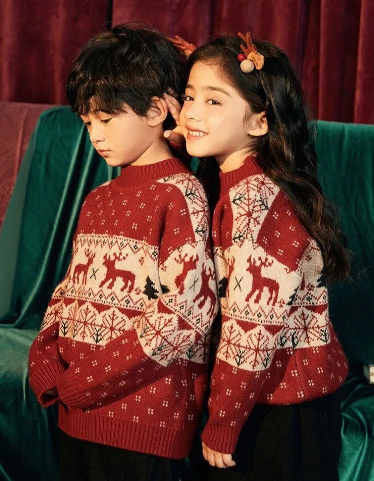 Kids' Christmas Thickened Fleece-Lined Pullover Sweater - Korean Style Warm Baby Boy & Girl Red Holiday Knitwear for Toddler