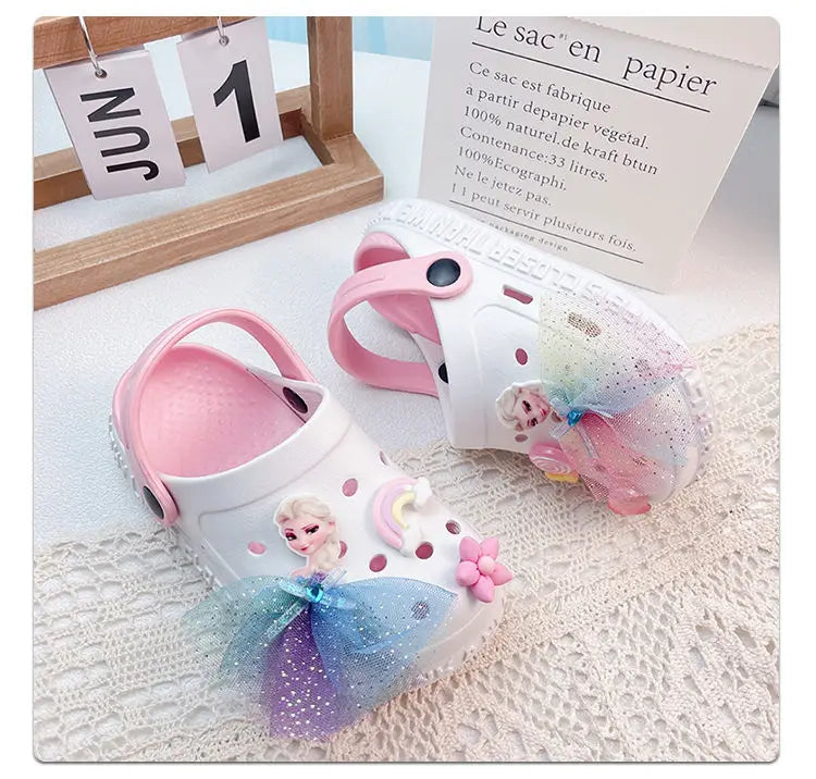 Disney Girls' Slippers Summer Princess Elsa Children's Girls Hole Shoes Summer Frozen Slippers Blue Pink Shoes Size 24-40