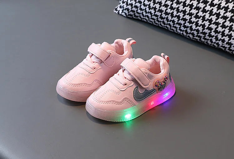 Kids'Casual Shoes Children Led Light Cartoon PU Leather Spring Anti-slip Soft Bottom Sneakers Black Pink Size 21-30