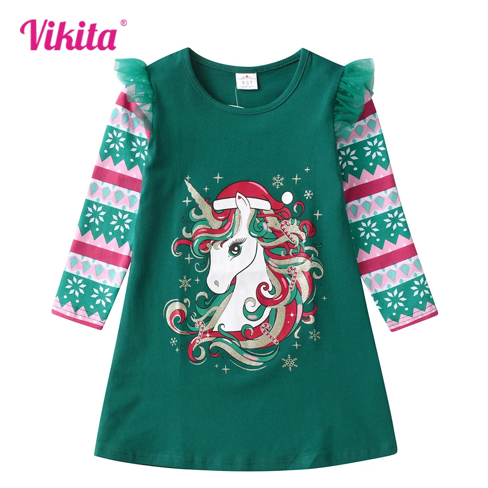 VIKITA Christmas Unicorn Snowflake Print Dress for Girls Kids Green Cotton Festival Xmas New Year Party Dresses Gift Costumes