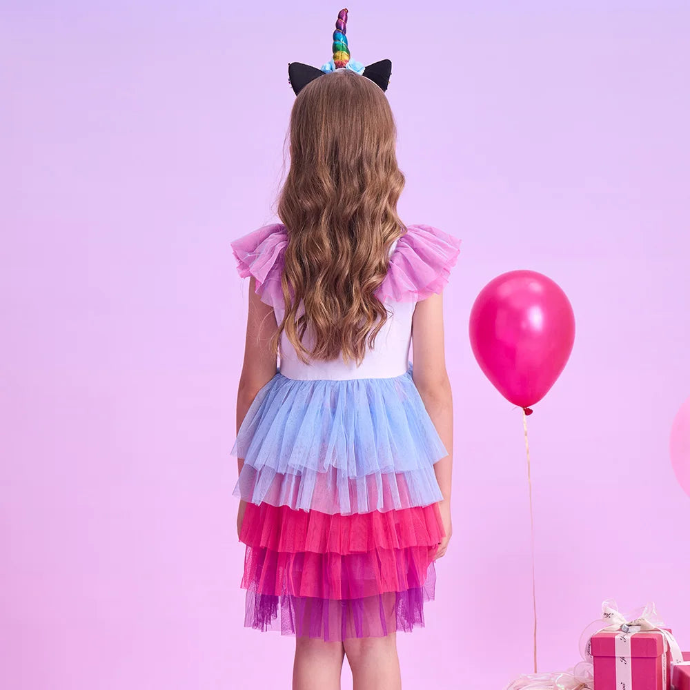 VIKITA Teenagers Girls Licorne Sequined Appliqued Cartoon Dress Kids Colorful Tiered Tulle Layered Tutu Dresses for Summer 3-12Y