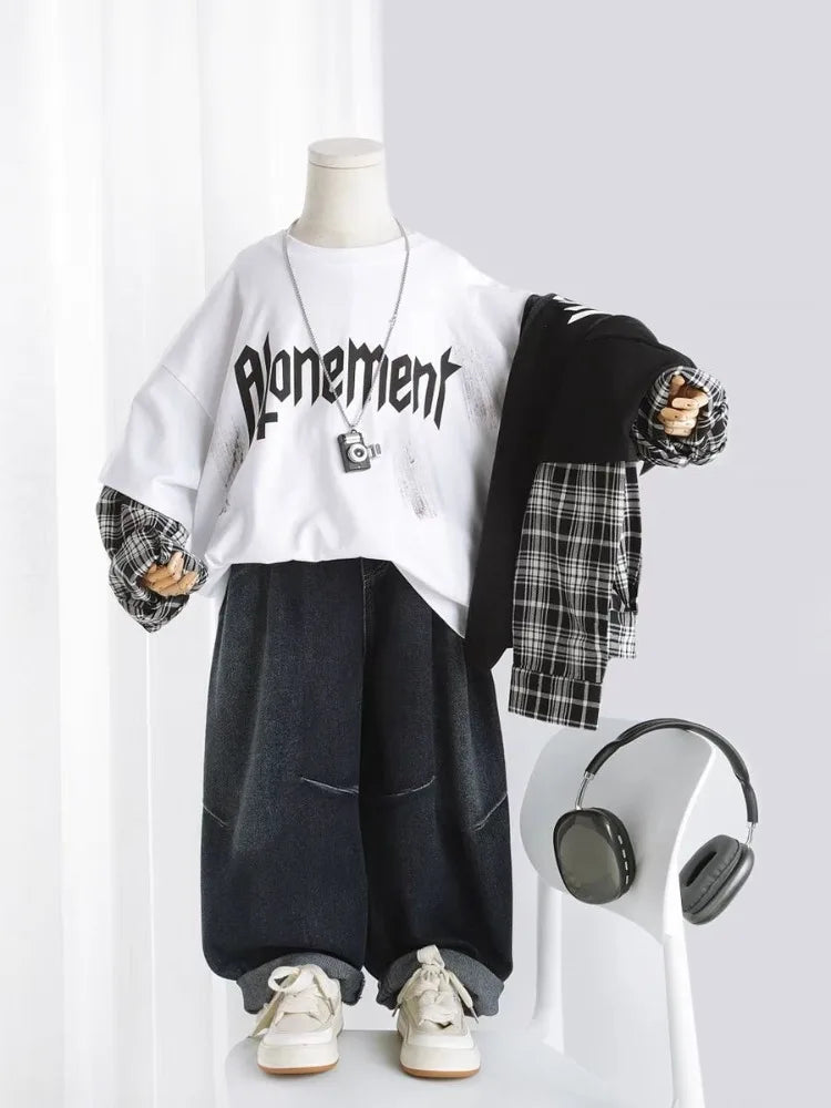 Fake Two Pieces Children's Clothing From 8 To 12 Years Boys Long Sleeve Tee Boys' T-shirt Graphic Shirts T-shirts Tees Boy Child