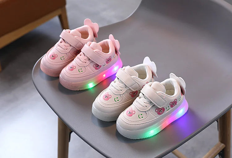 Disney LED Casual Sneakers For Spring Outdoor Cartoon Shoes Children Lighted Non-slip PU Leather Bear White Shoes Size 21-30