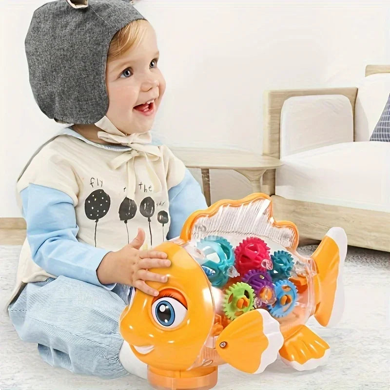 Transparent Electric Gear Gold Fish Toddler Toys with Music & Lights Bump & Go Educational STEM Toys for Babies Tummy Time Gifts