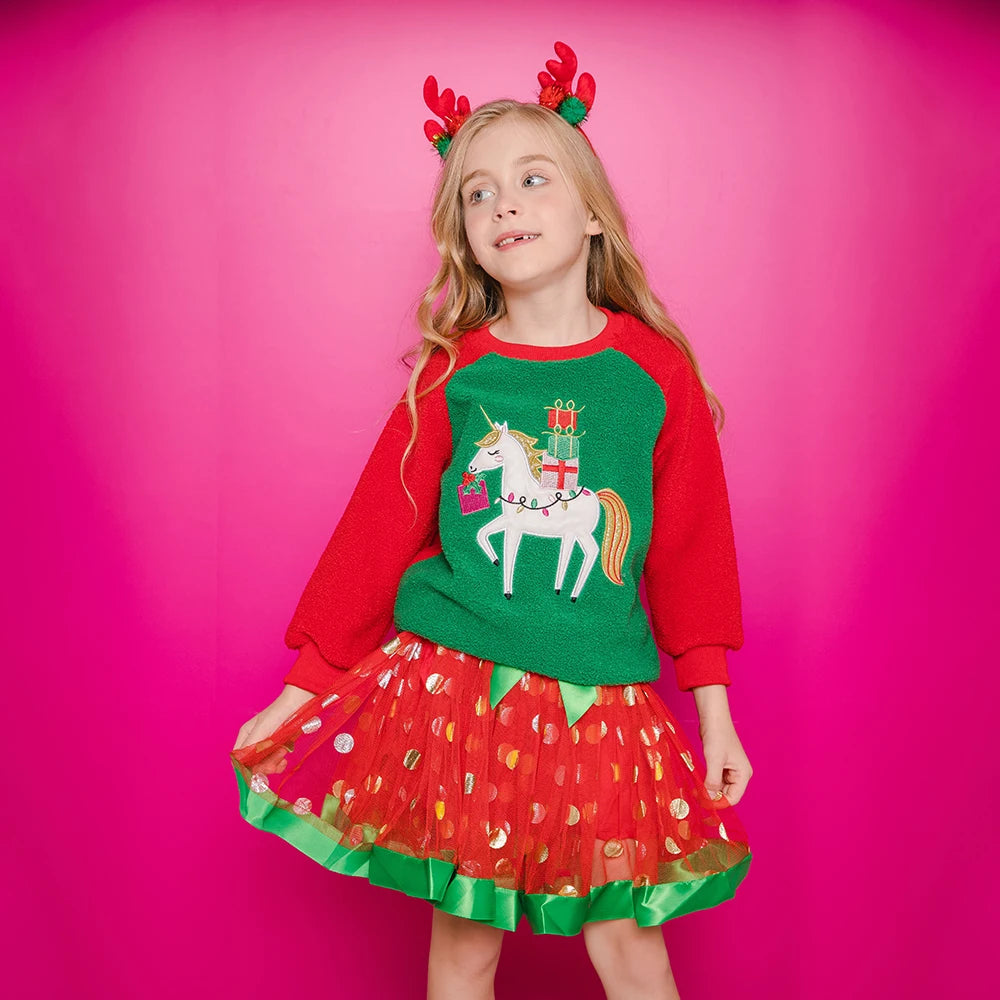 VIKITA Girls Fleece Sweatshirts Kids Autumn Winter Unicorn Appliqued Long Sleeve Sports Casual Outwear Children's Tops Pullover