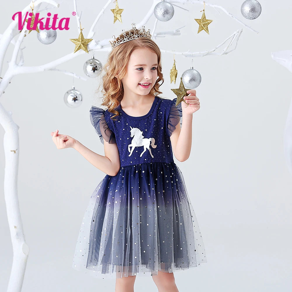 VIKITA Girls Starry Dress Kids Sequins Sleeveless Dresses Kids Elegant Cute Princess Tutu Vestidos Children Summer Tulle Dress