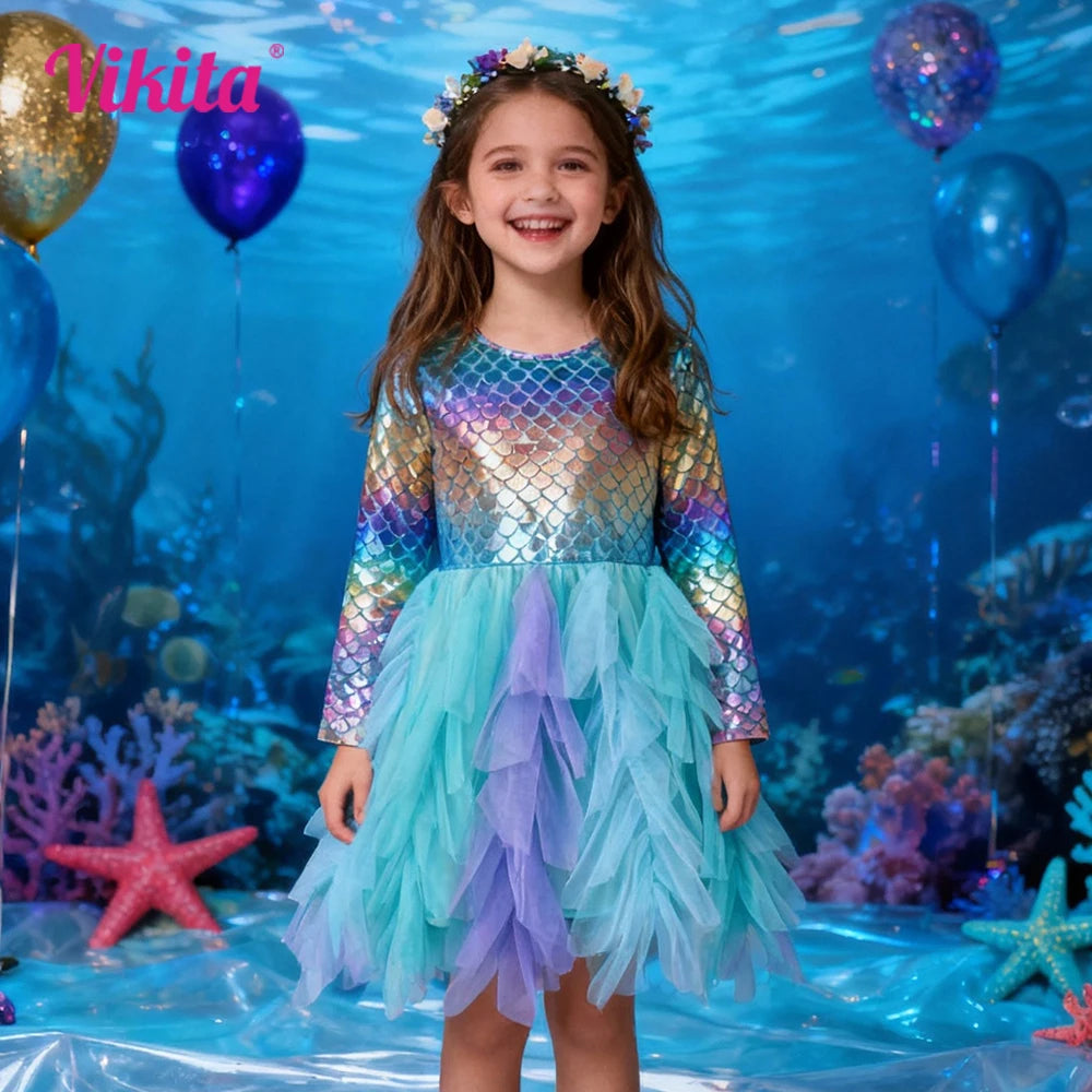 VIKITA Toddlers Girls Mermaid Print Dress Kids Colorful Gradient Layered Mesh Tulle Elegant Birthday Party Princess Tutu Dresse