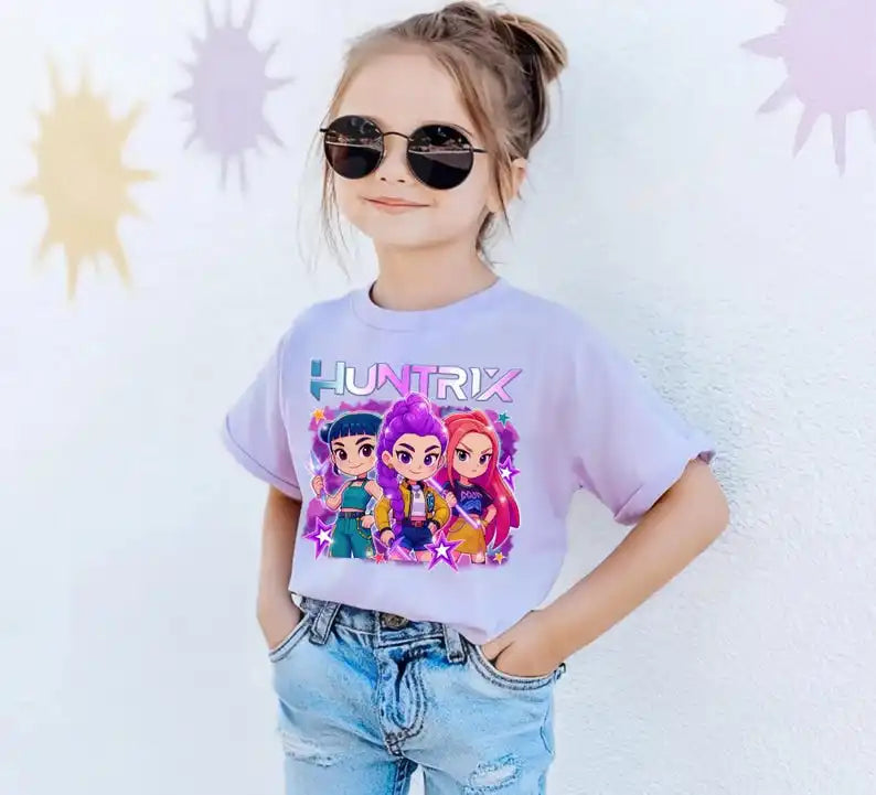 2025 Hot Huntrix Kpop Demon Hunters T-Shirt for Boys Girls Fans Gift Summer Crew Neck Short Sleeve Tees Fashion Kids T-shirt