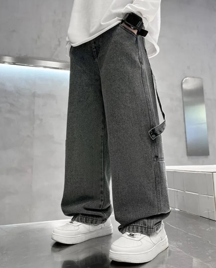 2025 Spring Boys' Wide-Leg Jeans Loose-Fit Trendy Streetwear for Kids Ages 8-14