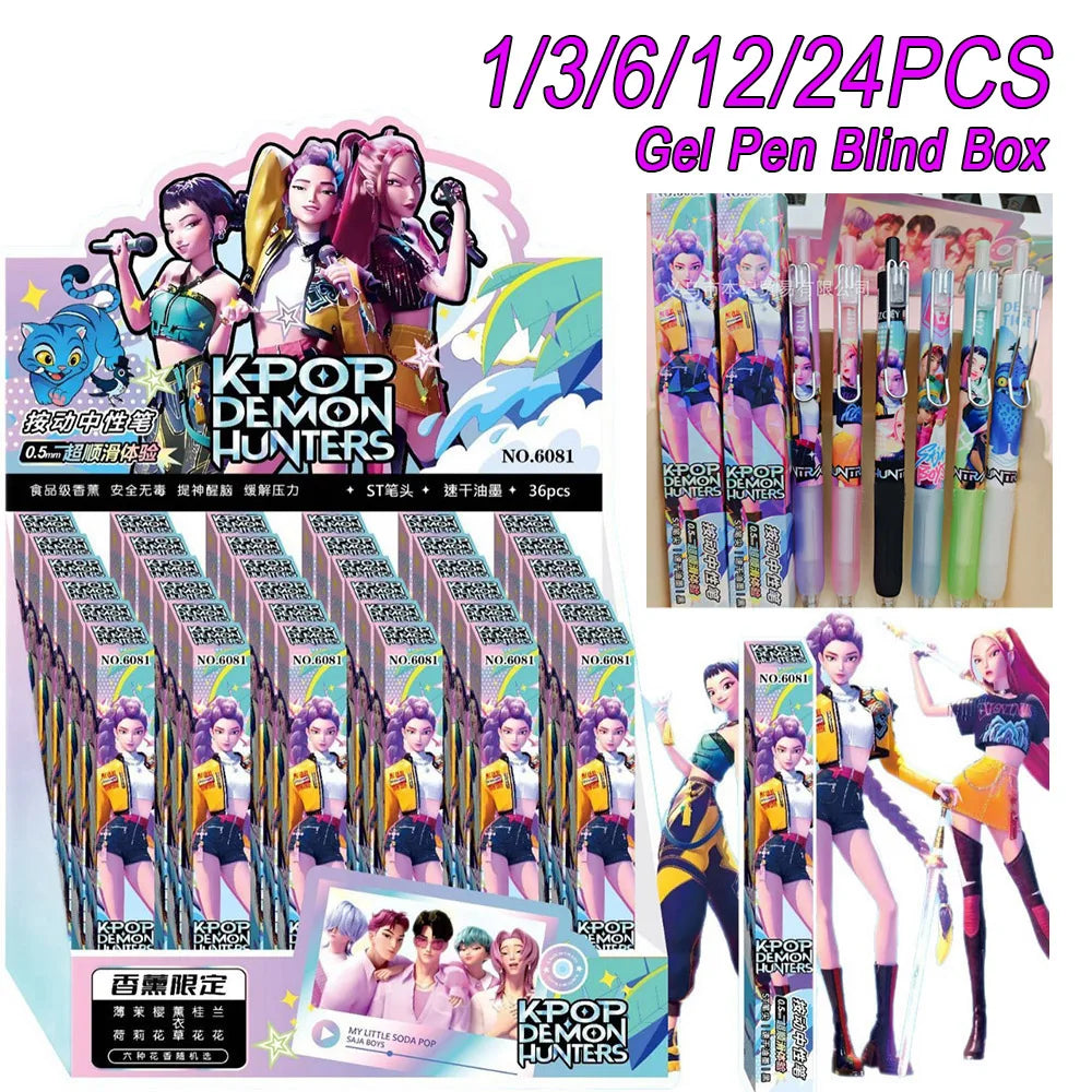 1/3/6/12/24Pcs KPop Demon Hunters Black Gel Pen Blind Box Student Writinng Pen Anime Figure Stationery Study Supplies Gift 0.5mm