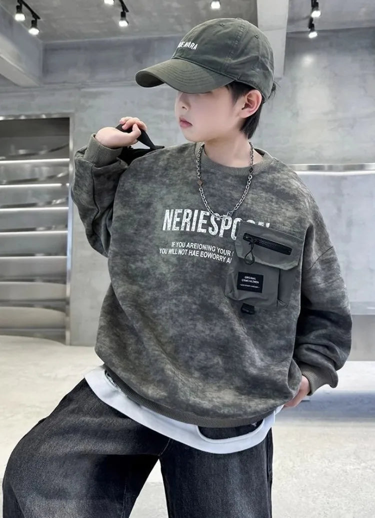 Boys' Middle/Big Kids 2025 New Spring/Autumn Long Sleeve Korean Style Edgy Loose Fit Sweatshirt Tops