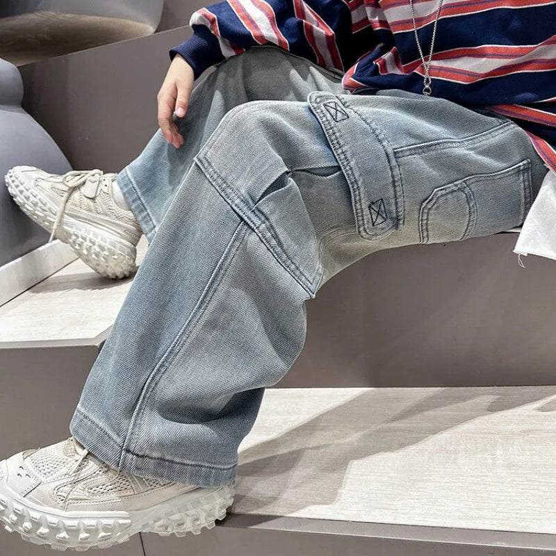 2025 Spring Autumn New Boys Loose Straight Jeans Lightweight Casual Pants for Tween Boys - Premium Denim Straight Leg Long Pants