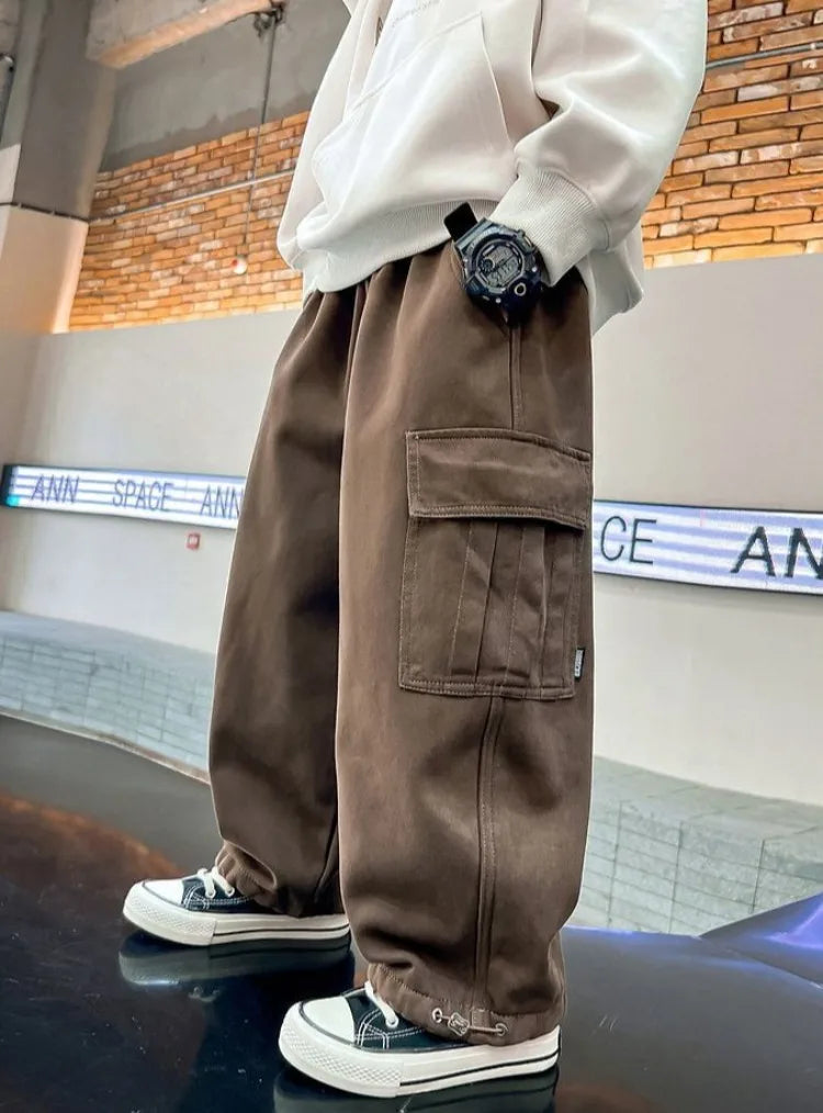 Boy's Loose Fit Tactical Cargo Pants 2025 Spring Autumn Lightweight Breathable Casual Wear with Multi-Pockets
