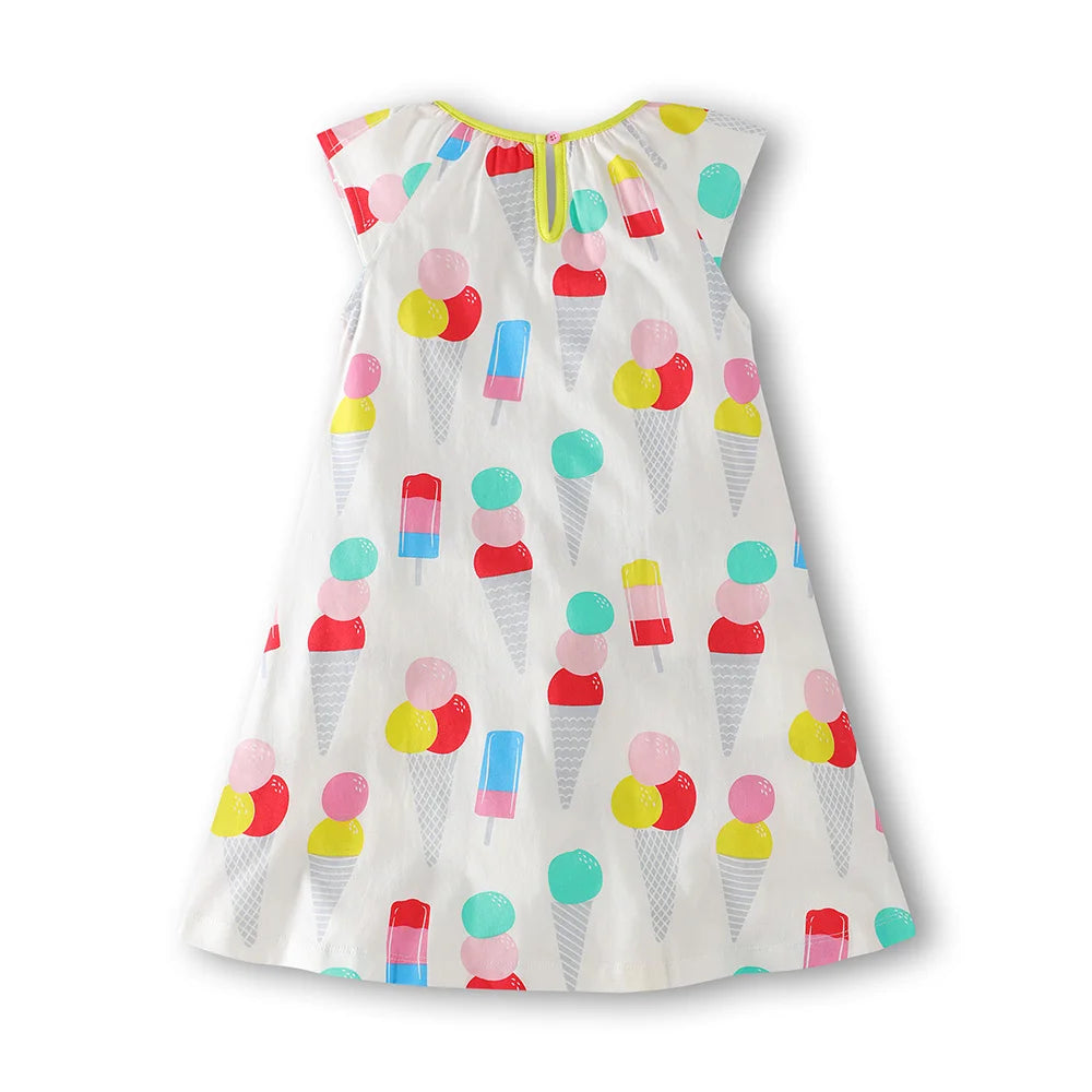 VIKITA Girls Camisole Sling Suspenders Sleeveless Summer Dress Kids Ice Cream Print Flare Sleeve Dresses Children Clothing