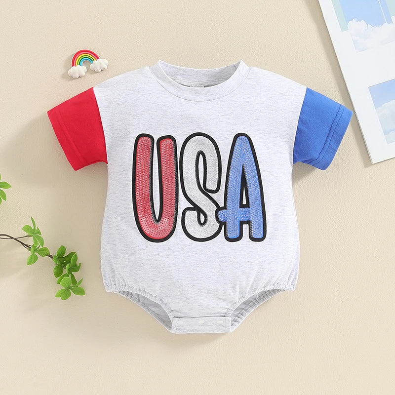 Infant Patriotic Romper American Flag Print Short Sleeve Jumpsuit for Baby Summer Outfit 4th of July Toddler Clothes Cute