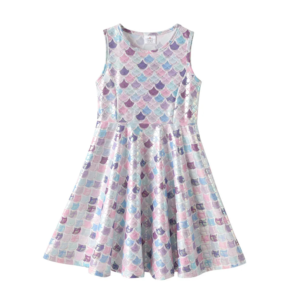 VIKITA Girls Sleeveless Dress for Summer Kids Polyester Dresses for 4-12 Years Girls Mermaid Print A Line Casual Princess Dress