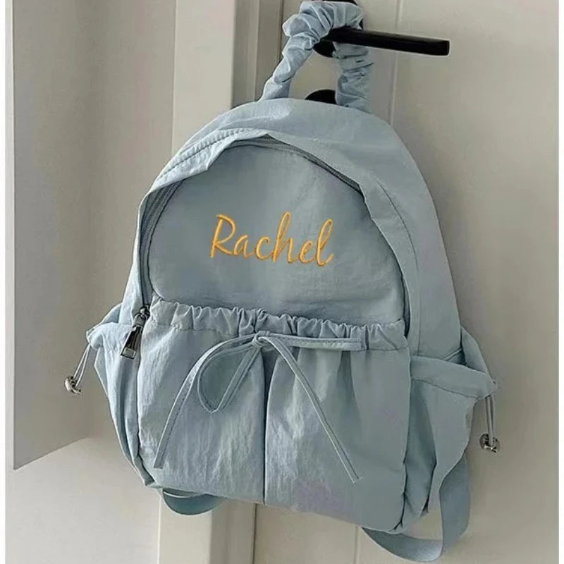Personalized Embroidered Name Simple Versatile Drawstring Bow Backpack Large Capacity Backpack School Travel For Gifts Backpack