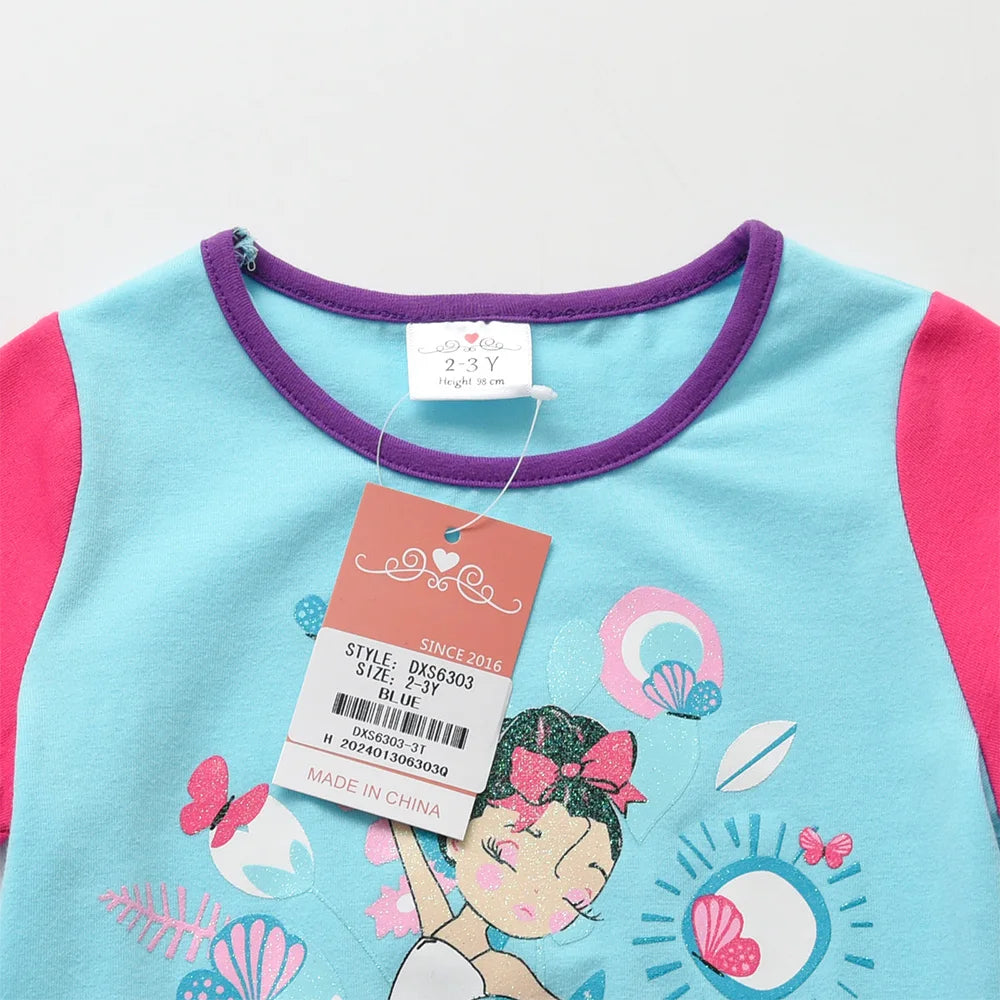 VIKITA Girls Doll Print Cartoon T Shirt Kids O Neck Cotton School Daily Tops and Tees Casual Wear Kids Summer Short Sleeve Tees