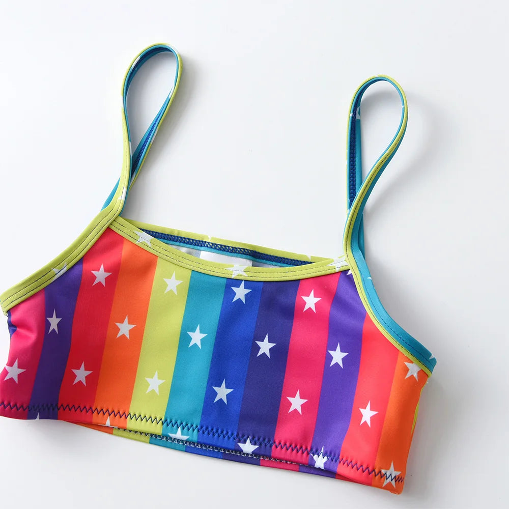 VIKITA Kinder-Badeanzug-Sets für Mädchen, Regenbogenfarben, Streifen, Sternenmuster, Strandmode, Reisemode, süßer Bikini, 2-teilig, 4-10 Jahre