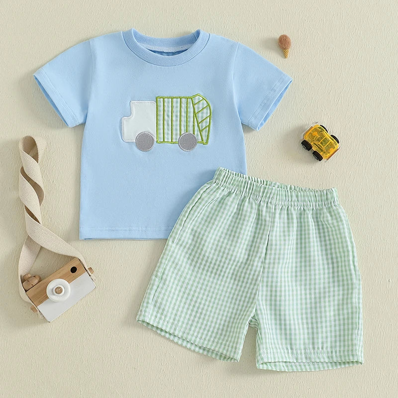 Baby Boy Casual Outfit Dinosaur Print Short Sleeve T-Shirt Denim Shorts 2Pcs Set for Summer Beach Vacation