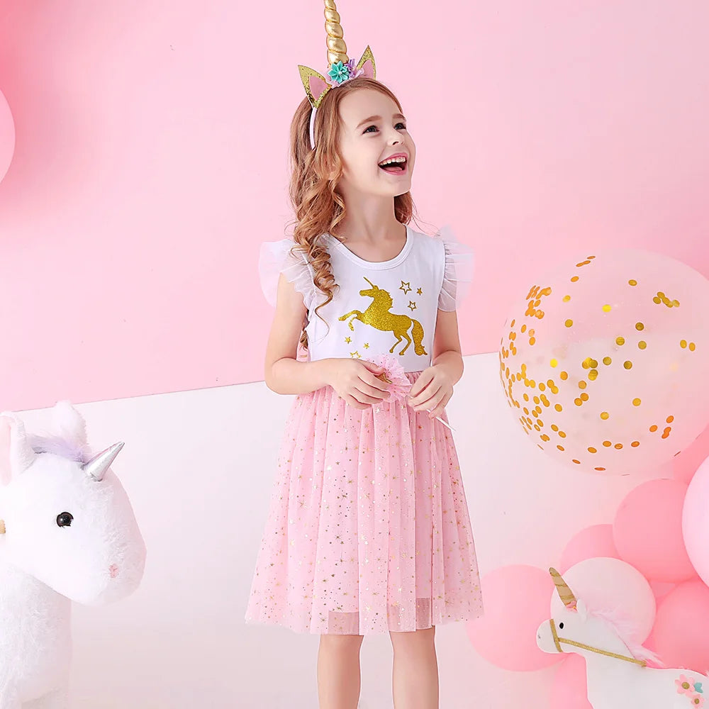 VIKITA Girls Licorne Print Dress Girls Flare Sleeve Summer Dresses Kids Birthday Party Patchwork Princess Elegant Cute Dresses