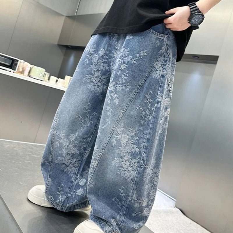 Kids' Casual Wide-Leg Jeans with Jacquard Print - Boys & Girls Big Kids Comfort Fit Spring Autumn Pants