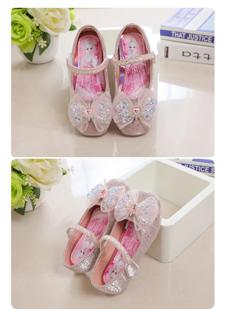 Kids'Casual Shoes Elsa Princess Frozen PU Leather Crystal Bow Spring Shoes For Girls Anti-slip Pink Blue Shoes Size 26-36