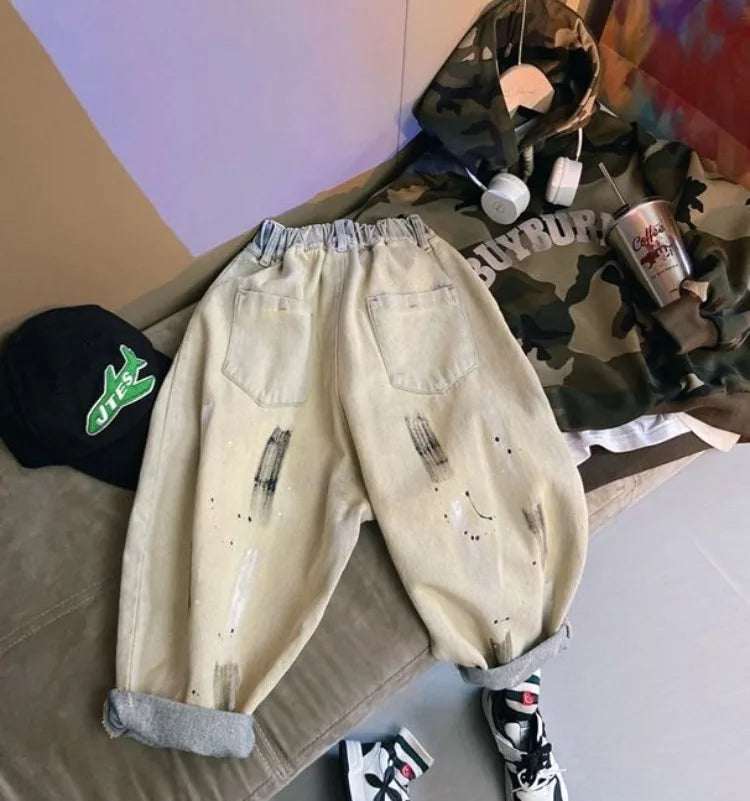 2025 Spring/Autumn Boys' Hip-Hop Long Pants, Kids' Size 12-14 Versatile Graffiti Casual Streetwear Trousers