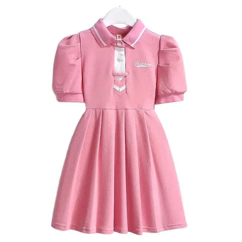 4-9Years Children Summer Dress Turn-Down Collar Girls Short Sleeve Solid Color Letter School Style Fashion Kid Dress