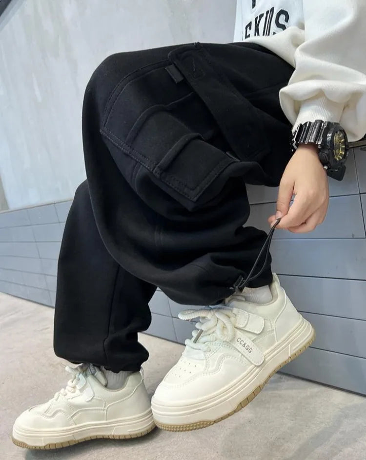 2025 New Boys Autumn Winter Fleece-Lined Sports Cargo Pants, Big Boy Streetwear Trends, Warmth & Comfort