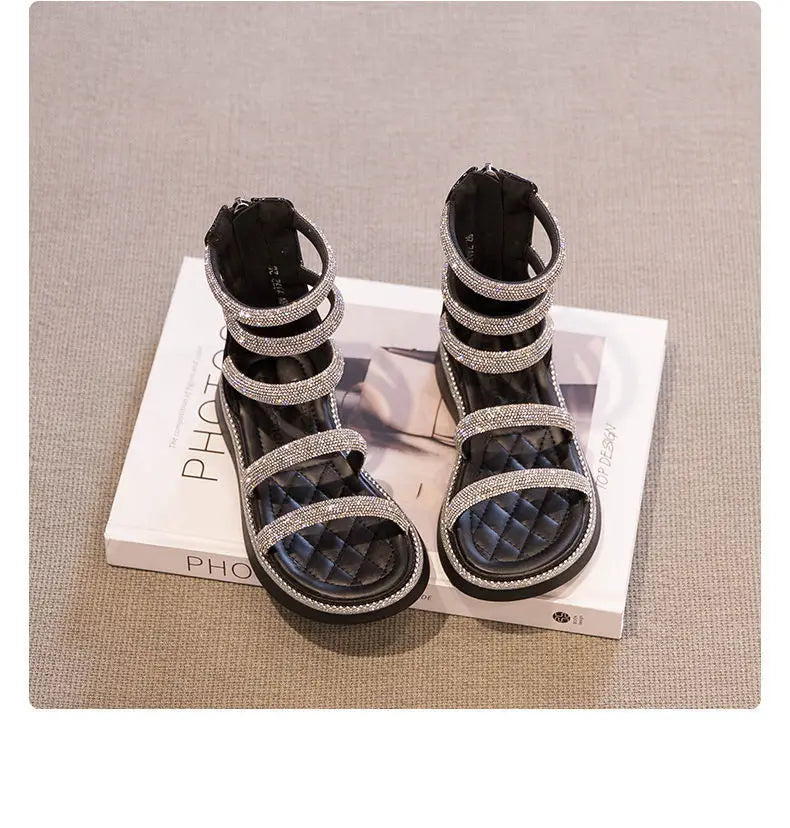 Kids'Sandals PU Leather Summer Beach Shoes For Girls Crystal Peep Toe Breathable Soft Bottom White Black Shoes Size 26-36