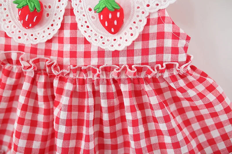 Summer New Simple Style Small Checkered Children'S Sleeveless Clothes, Sweet White Petal Lapel Baby Girl Dress (0-4 Years Old)
