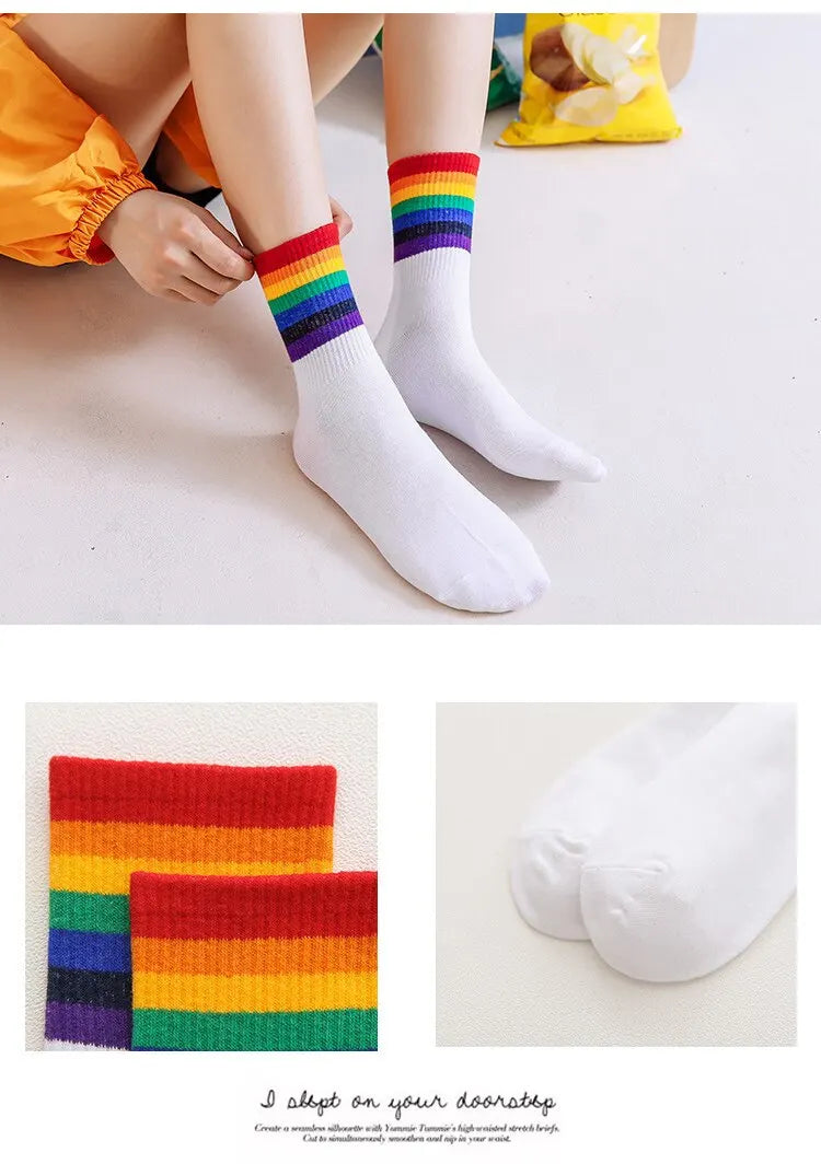 Socks Womens Medium Tube Autumn Ins Trendy Thin Ttriped Rainbow Socks Japanese Cute Candy Color High Top Stocking