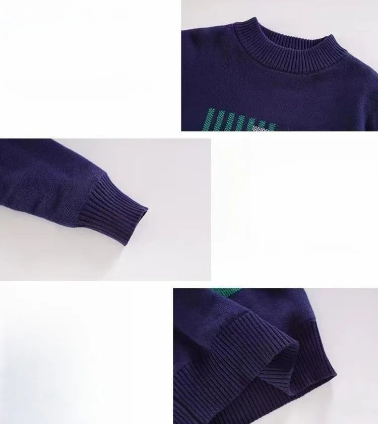 Autumn Winter Boys' Fleece-Lined Thickened Knitwear Pullover Sweater Base Layer for Boys Medium-Large Size Fashionable Knitwear